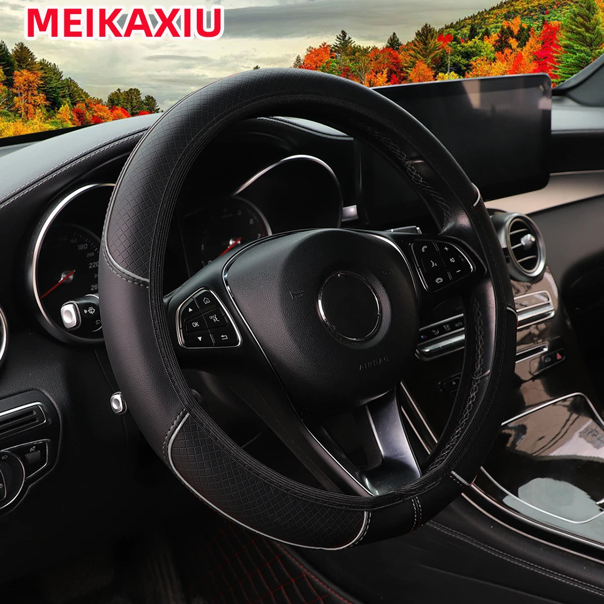 leather embossed massage blue strip trim car without inner ring steering wheel cover fits 14.5-15 "37-38cm car interior supplies