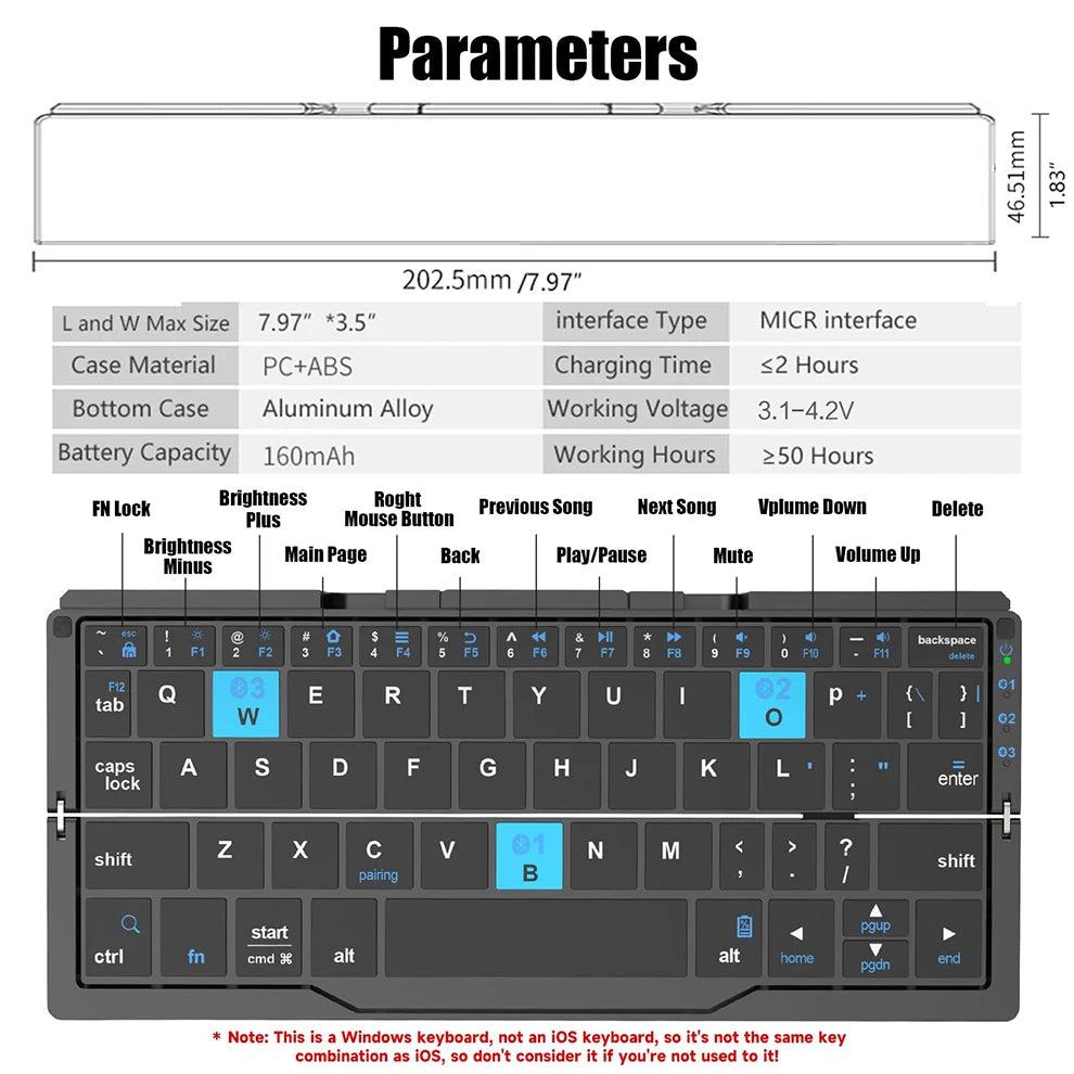 Foldable Bluetooth3.0 Wireless Keyboard With Magnetic Stand,Rechargeable 60 Keys Aluminum Alloy Mini Keyboard,Portable Wireless Travel Keyboard for Window/Mac OS-Grey