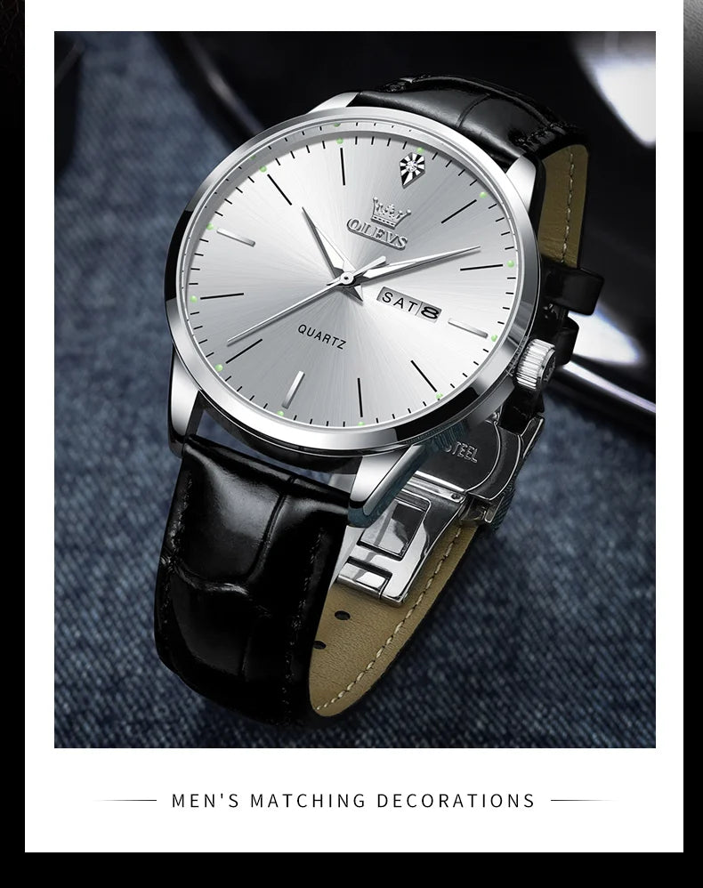 OLEVS 2935 Dual Calendar Quartz Dress Watch For Men Simple Original Leather Men's Watches Waterproof Luminous Business Hand Clock
