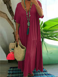 Plus Size 2025 Summer New V-neck Short Sleeve Pleated Solid Colour Loose Casual Midi Dress Basic Hem Pleated
