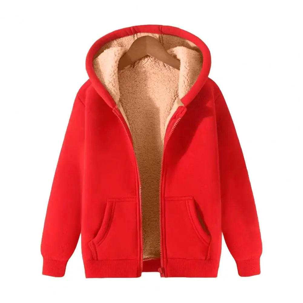 2024 Trendy Sweatshirt Coat Front Pockets Warm Zipper Lamb Wool Jacket Men Women Winter Pure Color Plush Lined Cardigan Hoodie