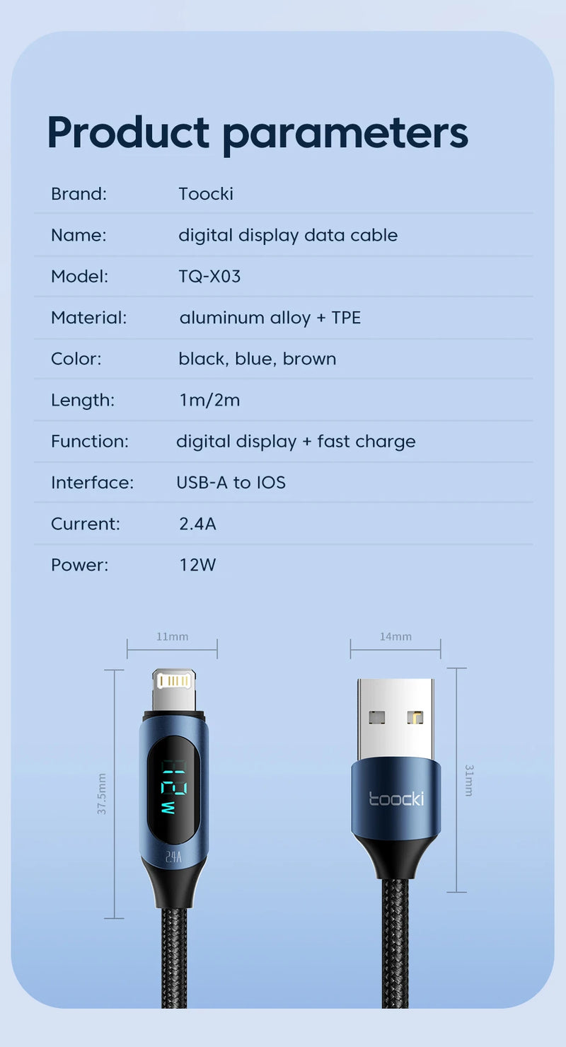 Toocki LED Display USB Cable For iPhone 14 13 12 11 Pro Max Fast Charger Charging Lightning 2.4A USB Wire Cord X XR 8 7 1m 2m