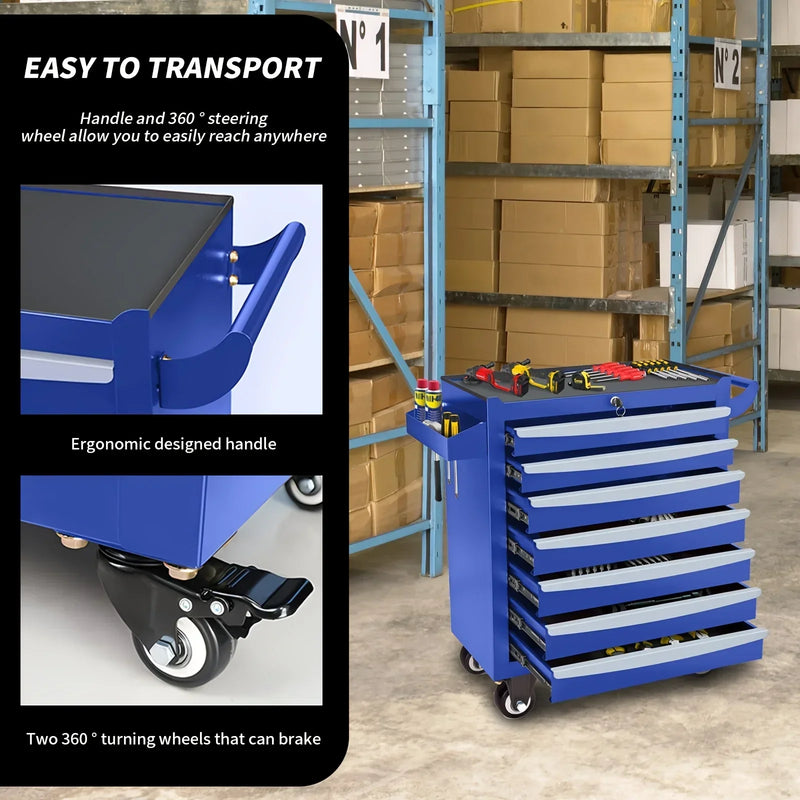 2025 New Blue 7-Layer Metal Toolbox with Key Locking System & Wheels - Durable, Multi-Functional Storage Cart