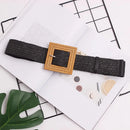 Spring Summer New Women's Beach Bohemian Elegant Square Buckle Grass Weaving Elastic Belt Beige and Black