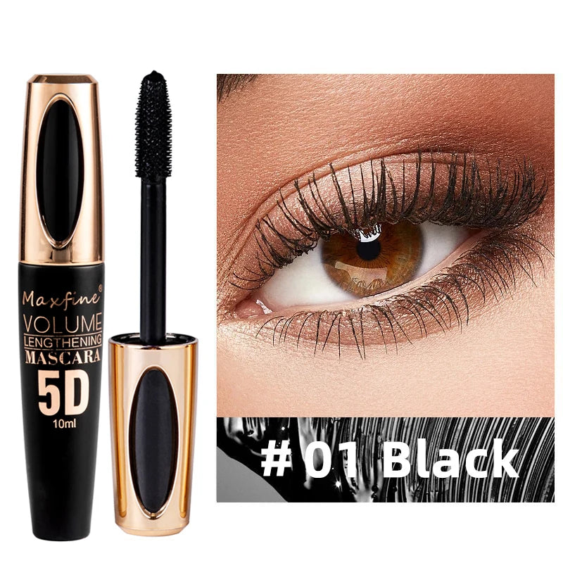 Máscara de pestañas de seda 5D con ojos grandes, contenido y longitud negros fuertes y duraderos, resistente al agua y antiaglomerante, y de duración prolongada.