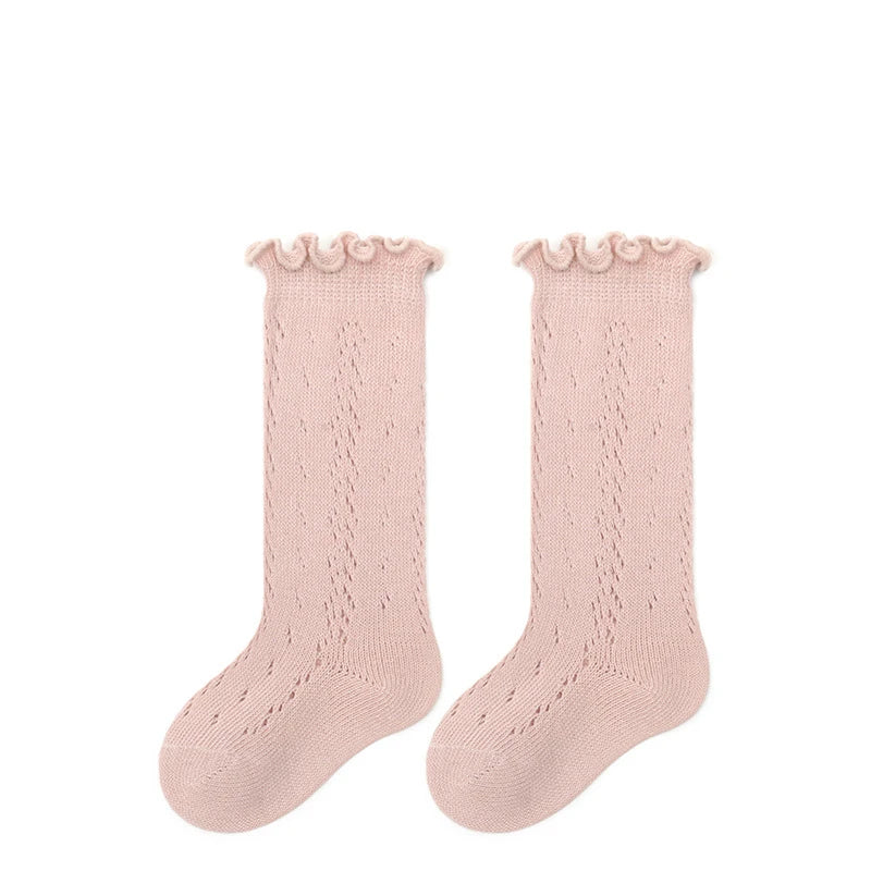 3 pares de calcetines para niñas pequeñas, calcetines de verano de encaje liso hasta la rodilla con volantes, calcetines largos de malla de algodón suave para bebés recién nacidos
