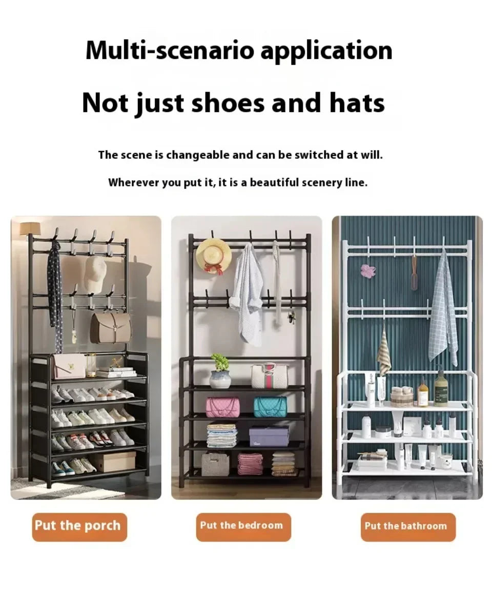 Zapatero de múltiples capas para el hogar, perchero integrado para abrigos y sombreros, puerta para zapatos, estante multifuncional simple