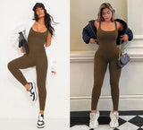 Mono de entrenamiento sin costuras para mujer, mono de yoga acanalado, ajustado, de una pieza, con cuello cuadrado y leggings