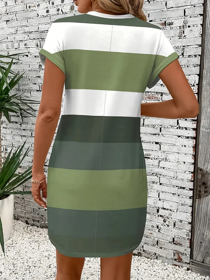Chic Plus Size Dress: Elegant Stripes, Roll-Up Sleeves, Pockets - Comfortable & Casual Women's Dress