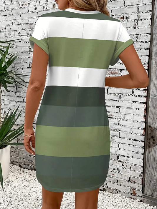Chic Plus Size Dress: Elegant Stripes, Roll-Up Sleeves, Pockets - Comfortable & Casual Women's Dress