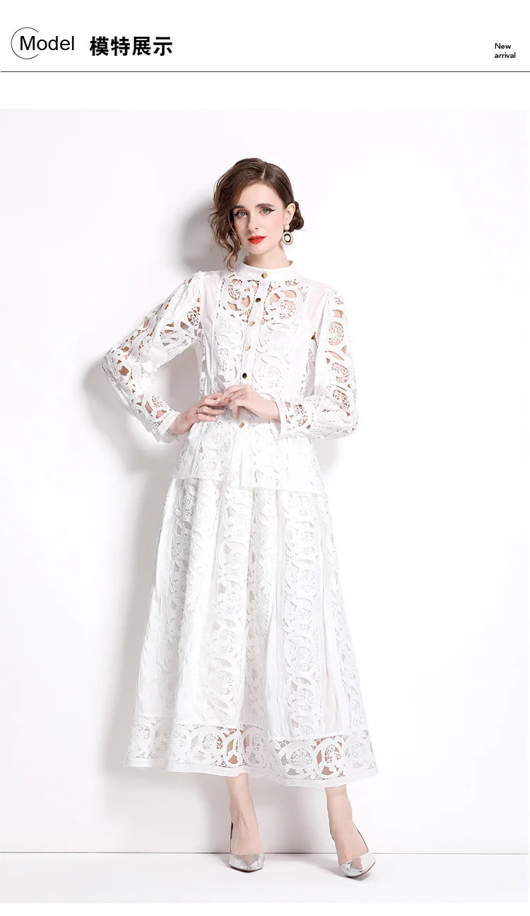 Autumn Crochet White Lace Embroidery 3 Pieces Sets Women Dress Suits Hollow Out Loose Shirt Top Elastic Waist Maxi Skirt Suit
