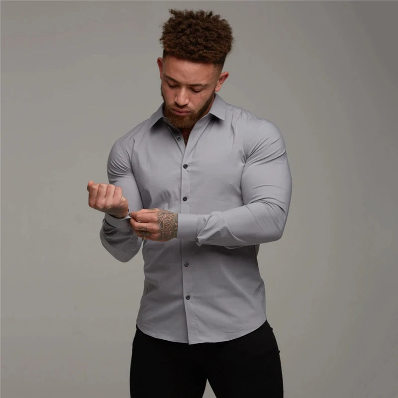 Men's Fitness Micro-bomb Long Sleeve Tee Tops Slim Fit Thin Breathable Muscle T-Shirt Turn Down Collar Business Non-Iron Shirts