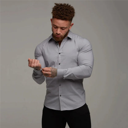 Mens Fitness Micro-bomb Long Sleeve Tee Tops Slim Fit Thin Breathable Muscle T-Shirt Turn Down Collar Business No Ironing Shirts