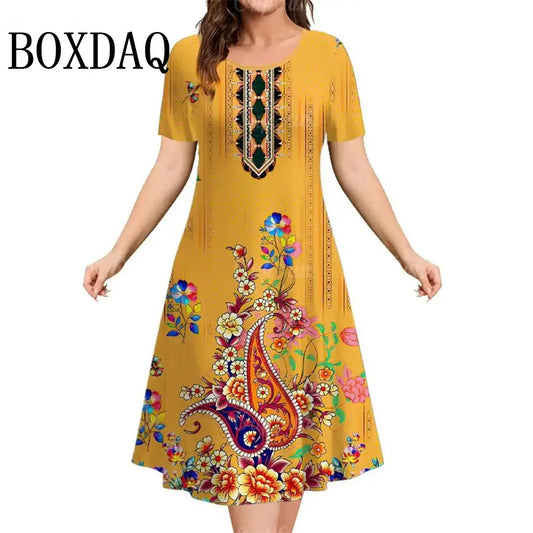 Colorful Floral Women's Dresses Summer Vintage Short Sleeve Loose Plus Size Clothing 2025 Casual Fashion Elegant Dress For Woman