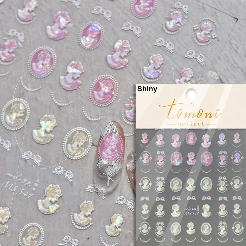 Flash Dreamy Chinese Flower Window Butterfly Glazed Rococo Geometric Frame Stamp Embossed Relief Nail Art Sticker Manicure Decal