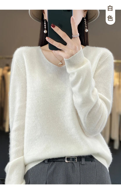 Suéter básico de otoño-invierno 2024 para mujer, 100 % lana merino, cuello en V, tejido de punto liso, jersey de oficina para mujer, manga larga, cachemir.
