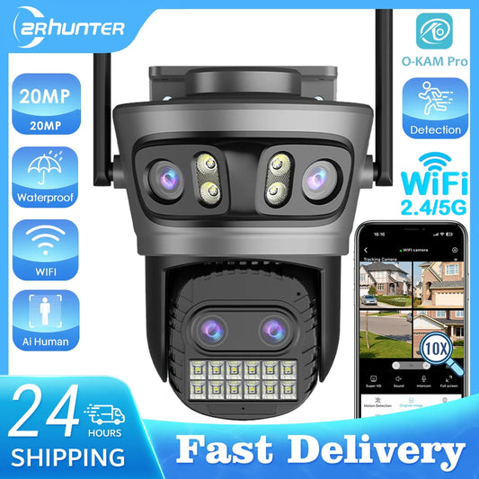 20MP Outdoor WiFi Camera 10K HD Three Lens Security 5G PTZ IP Camera 10X Digital Zoom Lens Human AI Auto Detect Tracking Camera