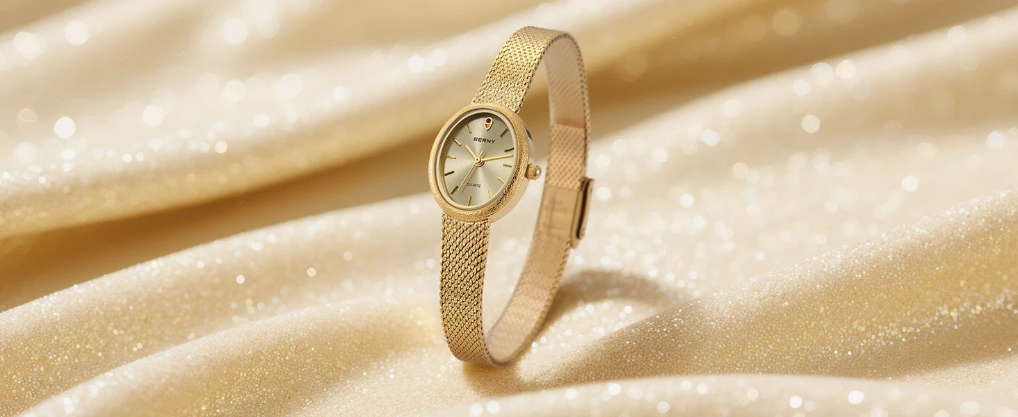 Relogio feminino oval dourado berny de luxo quartzo a prova de agua