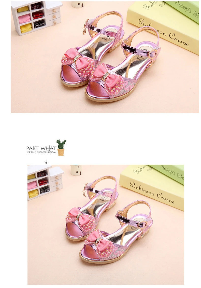Girls Princess Shoes Summer Children High Heels Open-toe Party Wedding Toddler Sandals Non-slip Kids Casual Sequins Beach Shoes