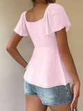 2026 Women Y2k Summer Tops V-Neck Drawstring Sexy Lace Up Short Sleeve Solid Color Shirts Female Elegant Casual Fashion Blouses