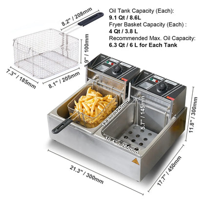 VEVOR Commercial Electric Deep Fryer w/Dual Tanks 12L Countertop Fryer w/Oil Filter and Timed for Fried Chicken French Frie