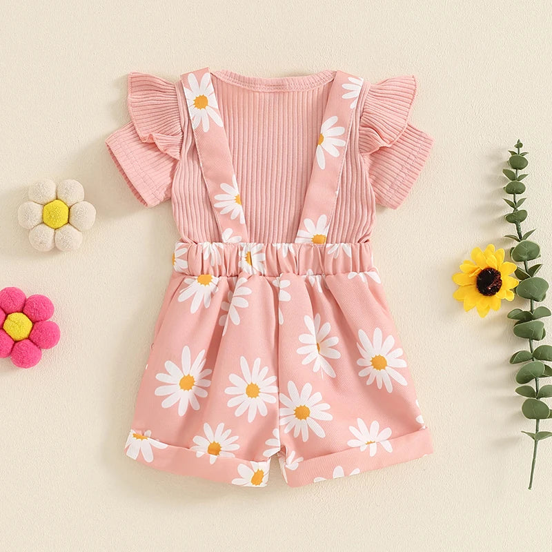 Pudcoco Infant Baby Girls Shorts Set, Short Sleeve Romper with Flower Print Suspender Shorts Summer Outfit 0-18M