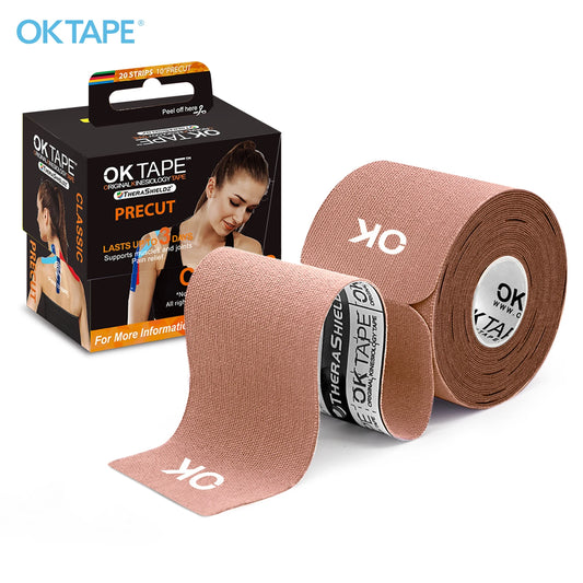 Cinta kinesiológica OK TAPE de 5 cm x 5 m precortada, 20 tiras, vendaje elástico deportivo sin látex, ideal para gimnasio, fitness, tobillo, rodilla, dedos y brazo.