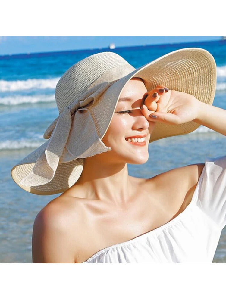 Summer Women's Straw Hat Bowknot Wide Brim Floppy Panama Hats Female Lady Outdoor Foldable Beach Sun Cap
