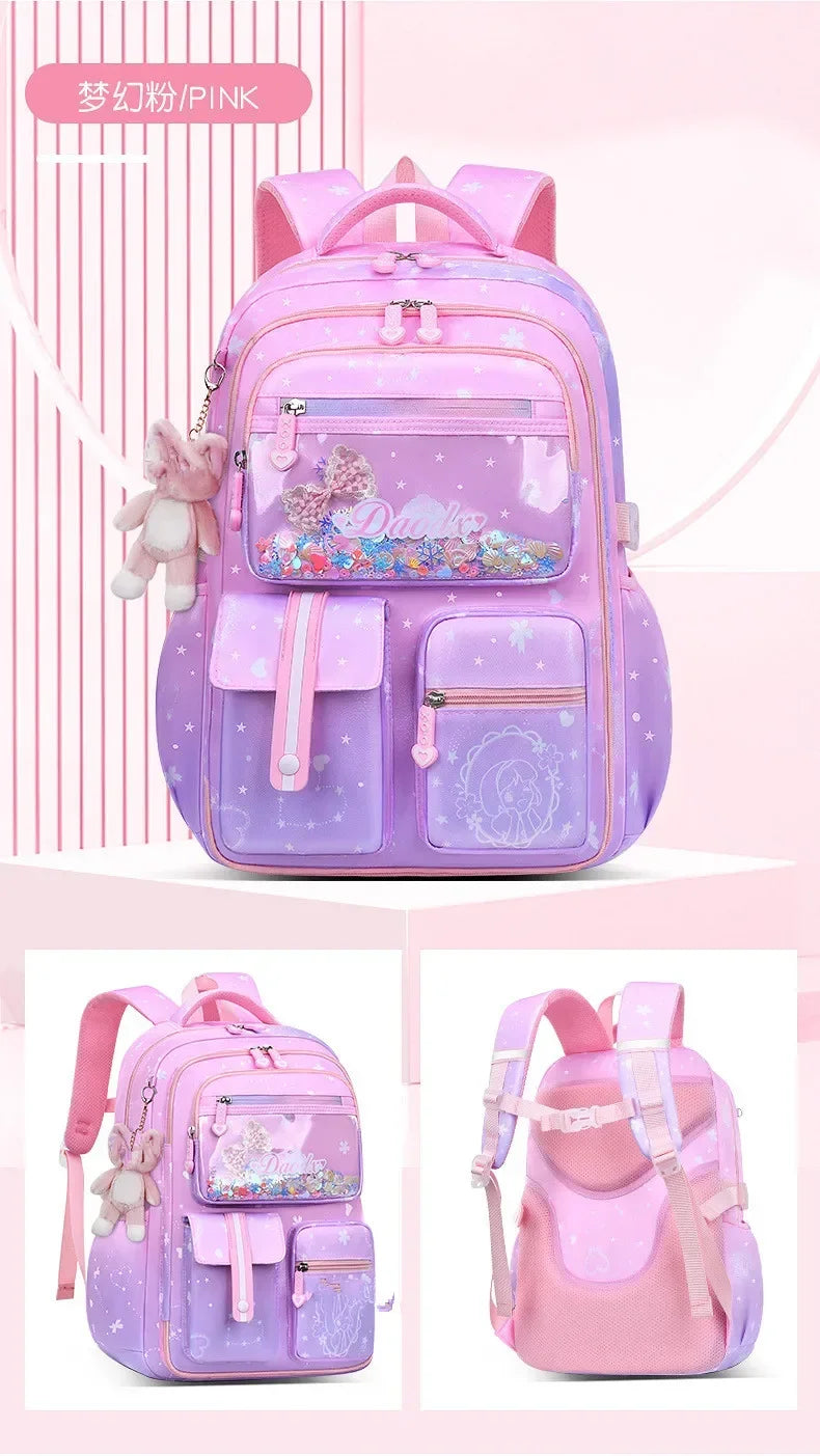 Primary Bow Knot Schoolbag With Rabbit Pendant For Girls Orthopaedics Kids Backpack Kawaii Waterproof School bag