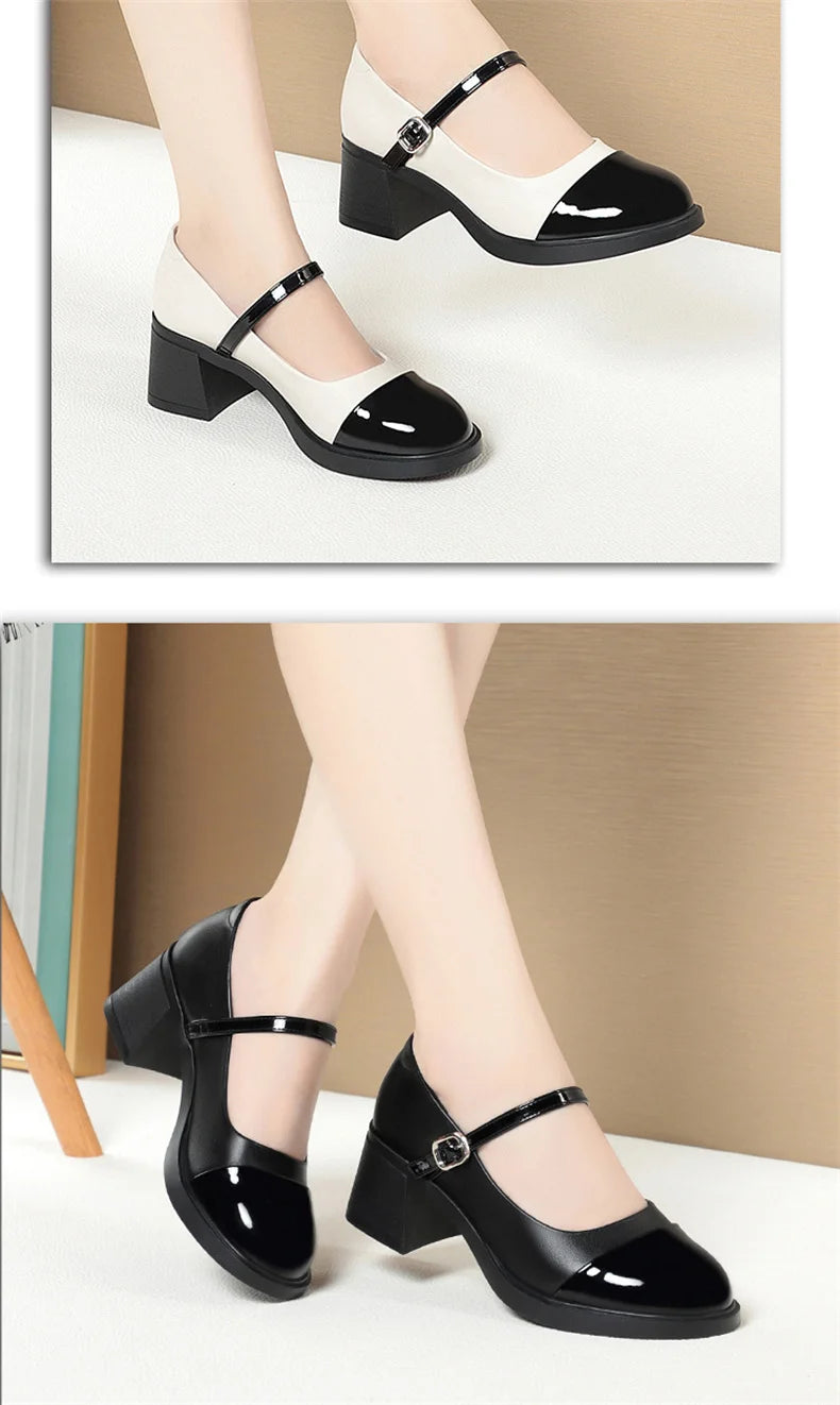 Women Shoes 2024 New Fashion Retro Round Toe Soft Leather Casual Mary Jane Shoes Shallow Mouth Waterproof Platform Shoes
