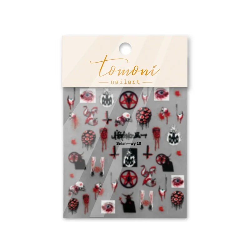 1 Sheet 5D Realistic Dark Series Demon Kiss Bloody Skull Tooth Eye Web Cross Adhesive Nail Art Stickers Decals Manicure Charms