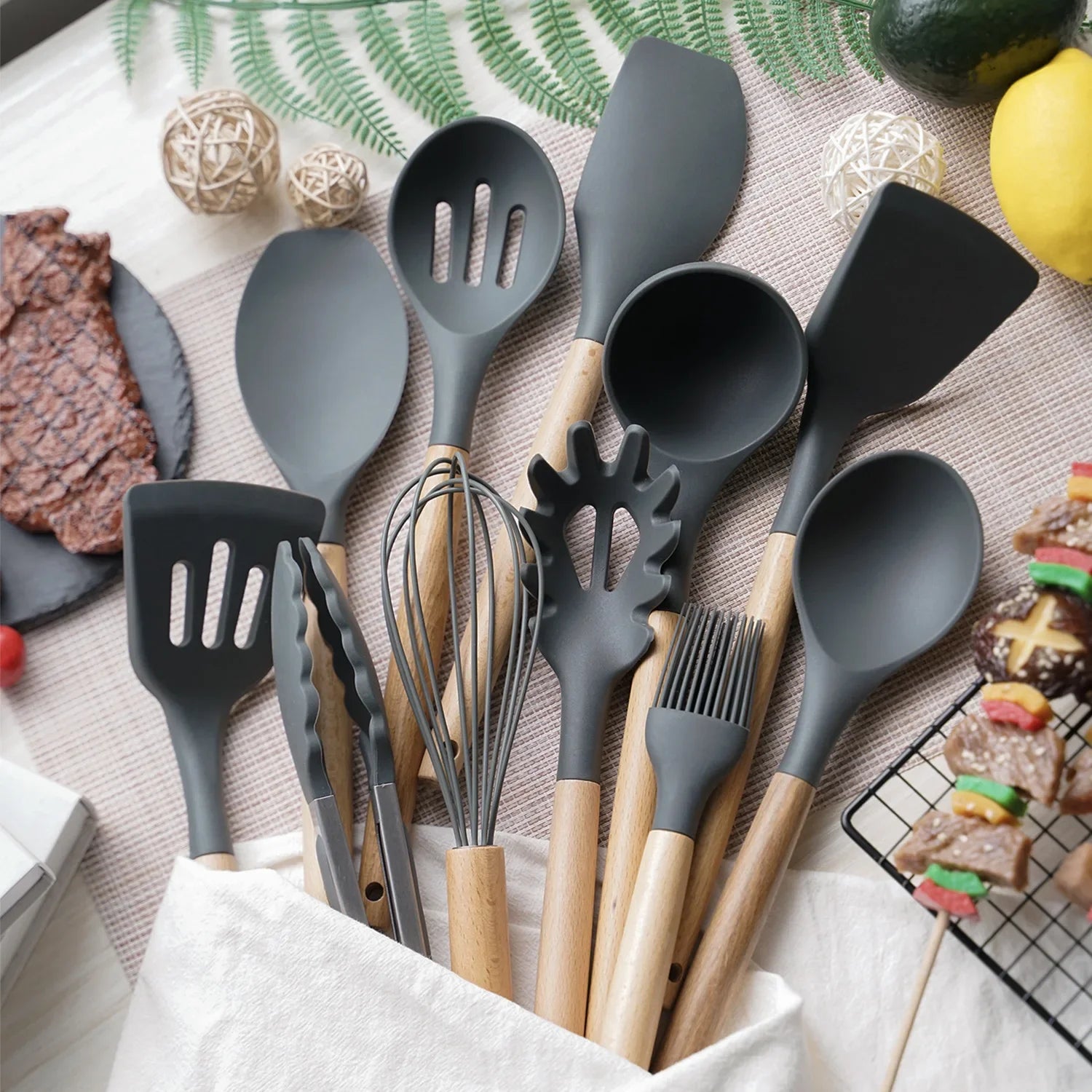 Juego de utensilios de cocina antiadherentes, espátula, pala, batidores de huevos, mango de madera, 12 Uds.
