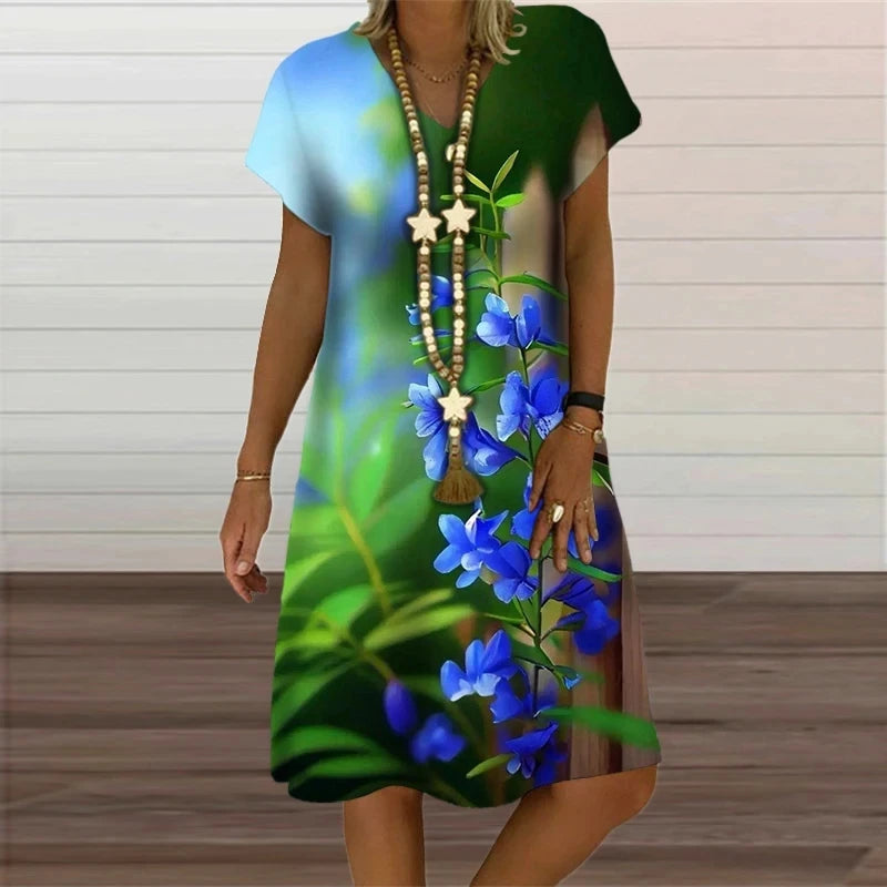 6XL Summer Plus Size Dresses Women Plant Flower Print Loose Dress Casual V-Neck Short Sleeve Knee-Length Dress Vestidos Sundress