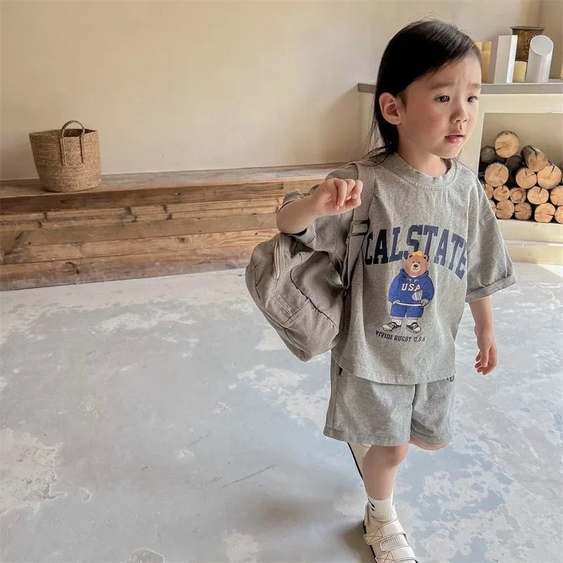 2pcs Summer Baby Clothes Set Children Boy Girl Cartoon Bear T-shirts and Shorts Suit Kid Casual Top Bottom Outfits Tracksuits