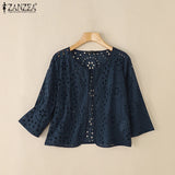 Stylish Autumn Hollow Out Cardigans ZANZEA Women Embroidered Blouse Elegant Shirts 2025 Fashion 3/4 Sleeve Kimonos Slim Fit Tops