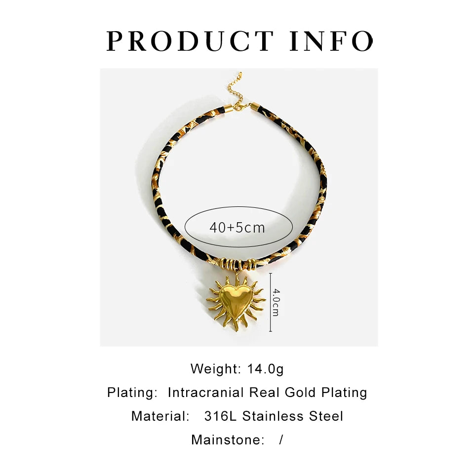 GHIDBK Europe and America Exaggerated Stainless Steel Heart Sun Pendant Necklace Vintage Trend Leopard Print Necklaces for Women