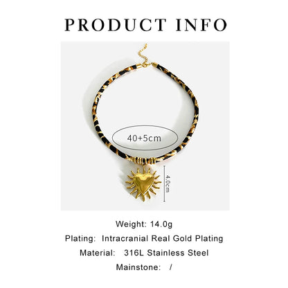 GHIDBK Europe and America Exaggerated Stainless Steel Heart Sun Pendant Necklace Vintage Trend Leopard Print Necklaces for Women