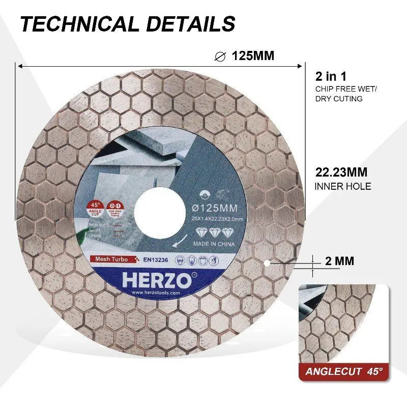 Discos de sierra de diamante para baldosas HERZO de 125 mm, hoja de corte y pulido hexagonal, amplia aplicación, corte húmedo/seco sin virutas, corte en ángulo de 45°