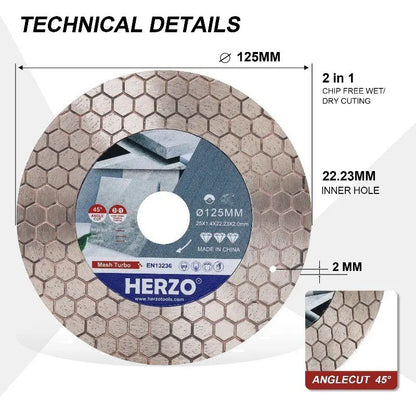 Discos de sierra de diamante para baldosas HERZO de 125 mm, hoja de corte y pulido hexagonal, amplia aplicación, corte húmedo/seco sin virutas, corte en ángulo de 45°