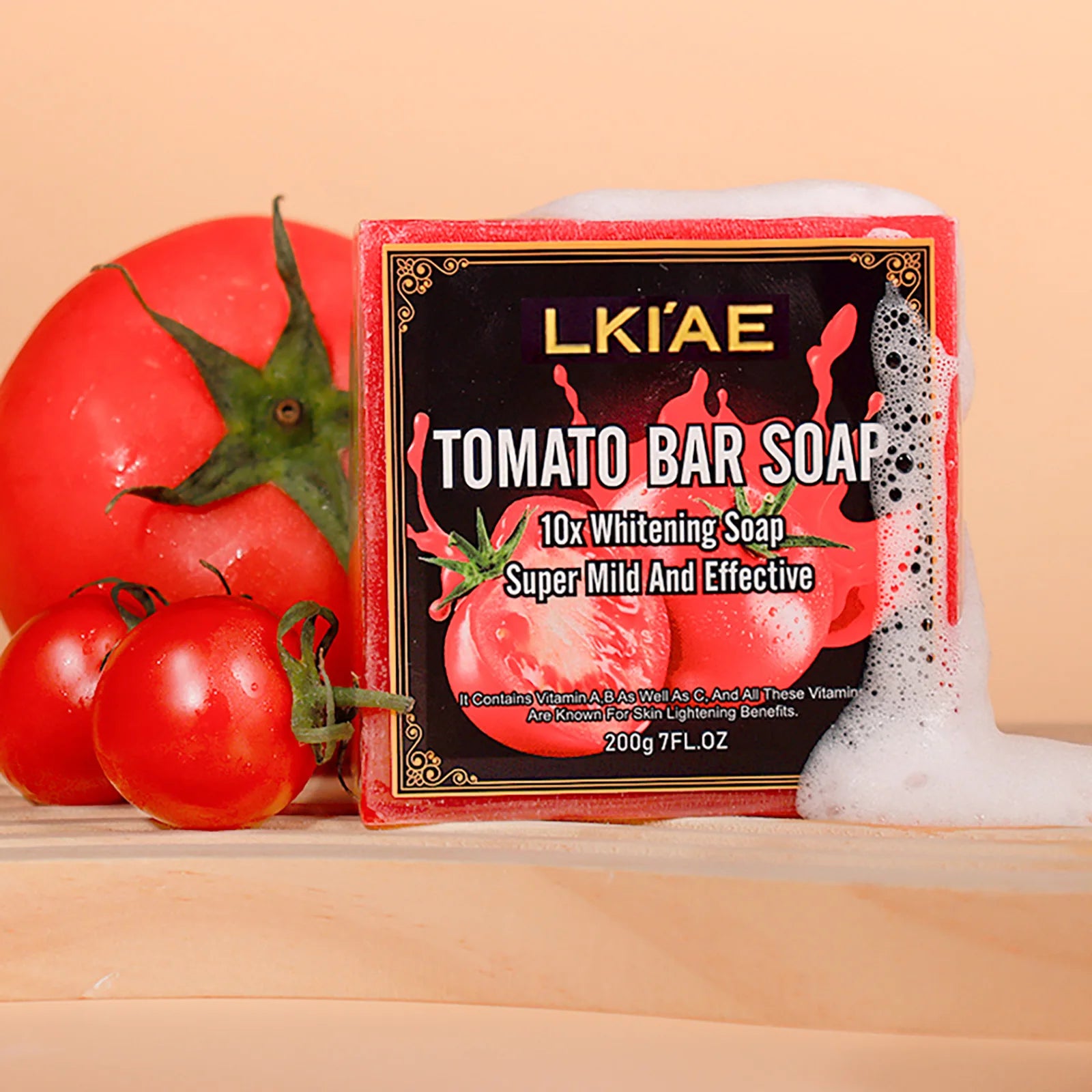 LKIAE Brand Tomato Fruit Scented Handmade Natural Bar Soap, For Face, Body, Whitening, Oil Control, Brightens, Shrinks Pores, 200g