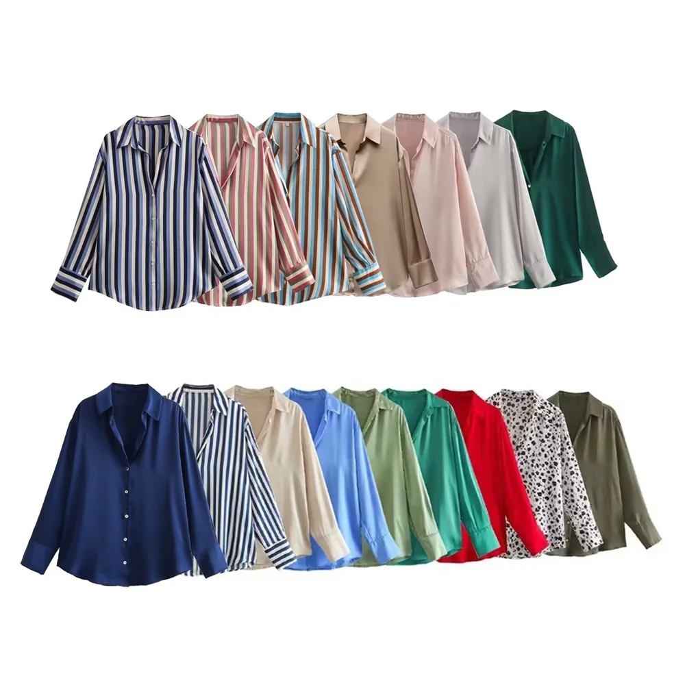 PB&amp;ZA 2024 primavera nueva moda y elegancia de las mujeres Casual versátil seda satén textura camisa
