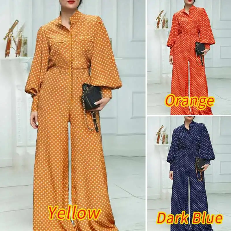 Plus Size 5XL VONDA Elegant Jumpsuist Women 2024 Autumn Polka Dot Rompers Long Lantern Sleeve Casual Long Overalls Playsuits