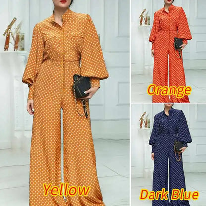 Plus Size 5XL VONDA Elegant Jumpsuist Women 2024 Autumn Polka Dot Rompers Long Lantern Sleeve Casual Long Overalls Playsuits