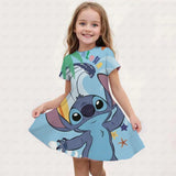 Summer New Children's Clothing 3d Printed Romantic Stitch Cute Girl Short-Sleeved Dress 3-14 Years Old Kids Performance Clothing