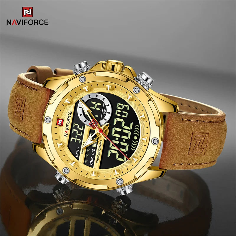 NAVIFORCE Luxury Original Watches For Men Casual Sport Chronograph Alarm Quartz WristWatch Leather Waterproof Digital Clock 9163