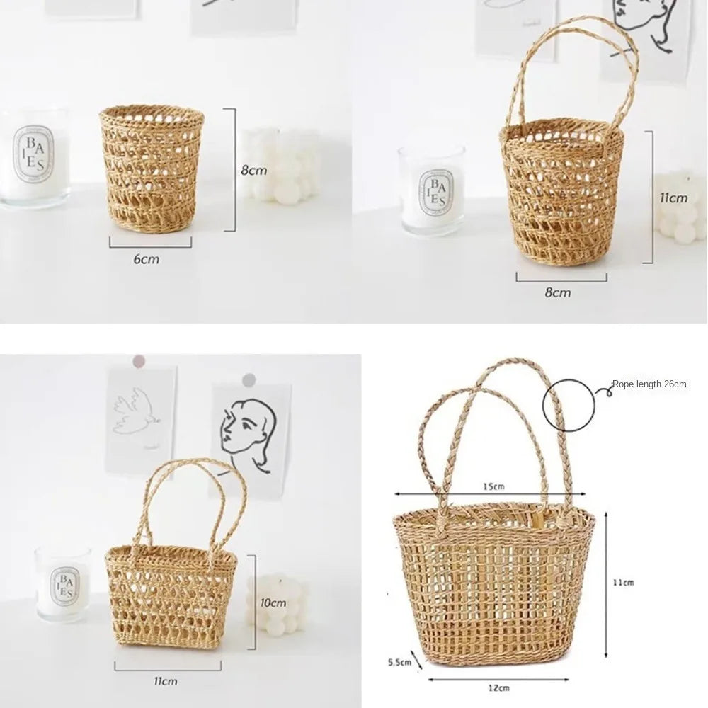 High Quality Handmade Straw Woven Basket with Handle Picnic Props Storage Basket Ornaments Tea Cup Cover