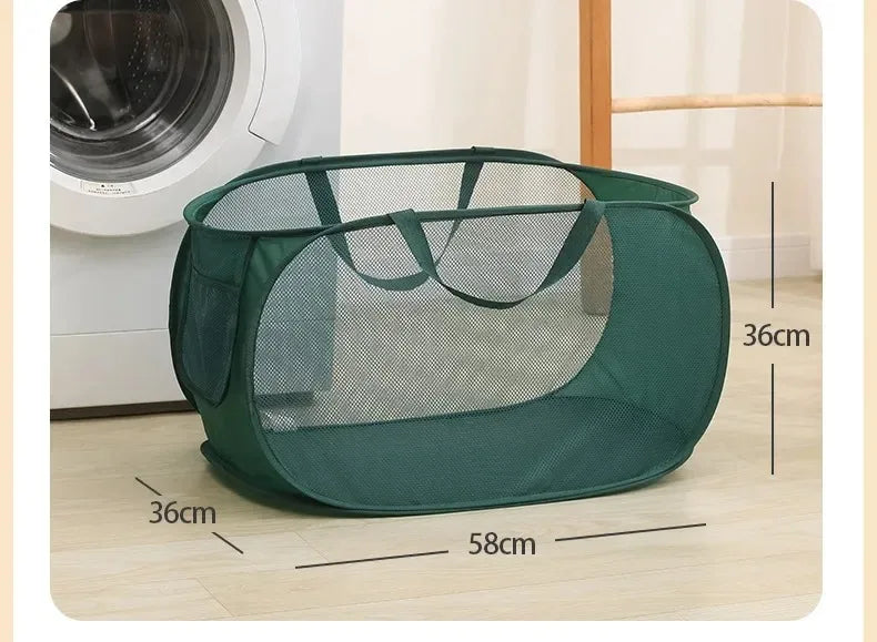 Durable Collapsible Laundry Basket, Mesh Pop Up Laundry Hamper With Side Pocket, Foldable Clothes Storage Hamper With Reinforced