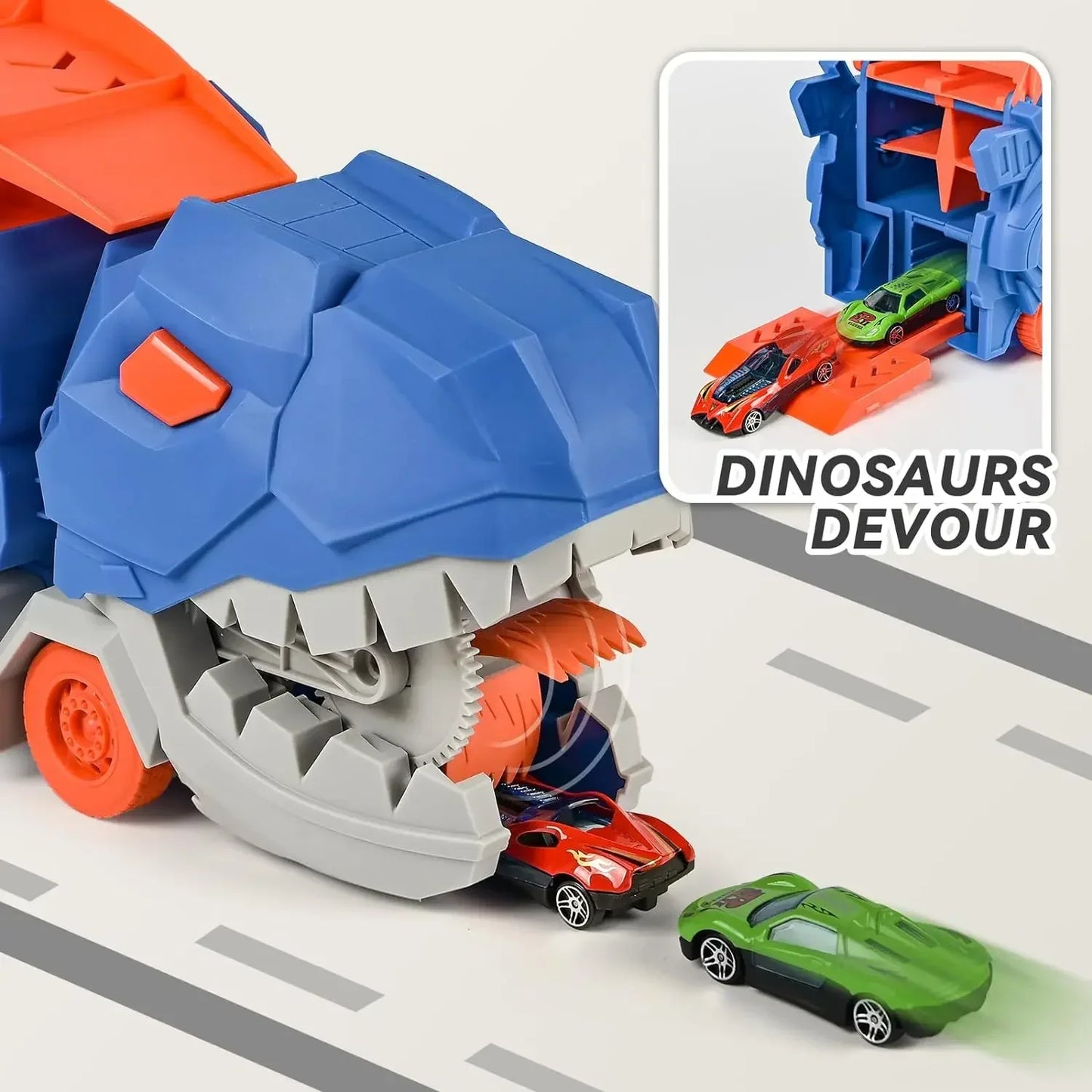 Transport Dinosaur Truck with Foldable Sliding Race Track Transforms into Standing T-rex Best Birthday Gifts Toys Boys Girls