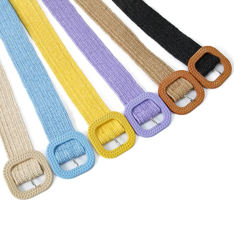 Bohemian Braided Belts for Women Summer Patchwork Straw Woven Belt Wide Waistband Fashion Female Square Buckle Waist Belt