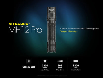 NITECORE MH12 Pro USB-C Rechargeable Compact UHi 40 LED Flashlight 3300 Lumens Lantern Emergency Tactical Torch with NL2153HP